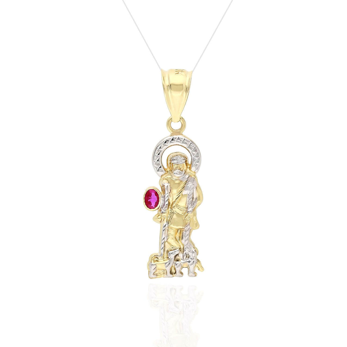10K Gold Yellow & White Diamond-Cut Ruby Religious Saint Lazarus Pendant 1.57"