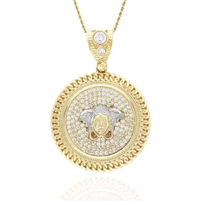 10K Yellow Gold CZ Medusa Miami Bezel Medallion Pendant 1.73"