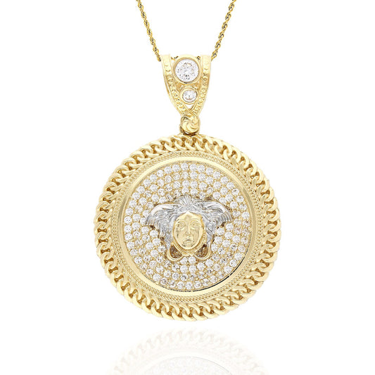 10K Yellow Gold CZ Medusa Miami Bezel Medallion Pendant 1.73"
