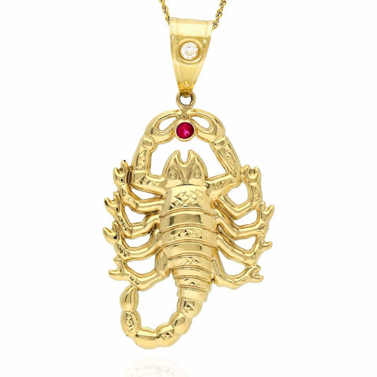 10K Yellow Gold Ruby Diamond Cut Scorpion Zodiac Charm Pendant 2.4"