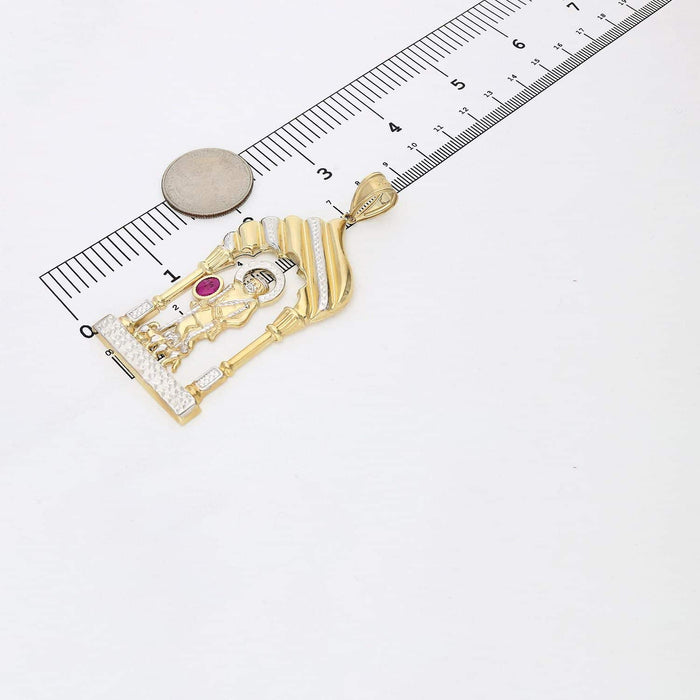 10K Yellow Gold Two Tone Diamond-Cut Red Ruby Saint Lazarus Pendant 3.3"