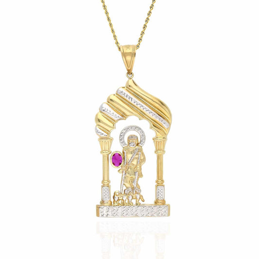 10K Yellow Gold Two Tone Diamond-Cut Red Ruby Saint Lazarus Charm Pendant 3.3"