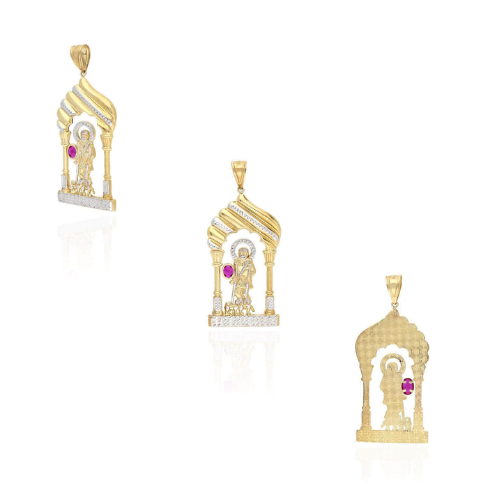 10K Yellow Gold Two Tone Diamond-Cut Red Ruby Saint Lazarus Pendant 3.3"