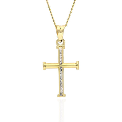 10K Yellow White Gold Two-Tone Diamond-Cut Cross Pendant 1.28"