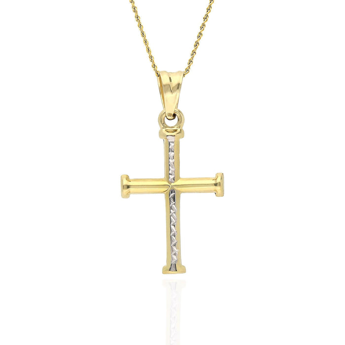 10K Yellow White Gold Two-Tone Diamond-Cut Cross Pendant 1.28"