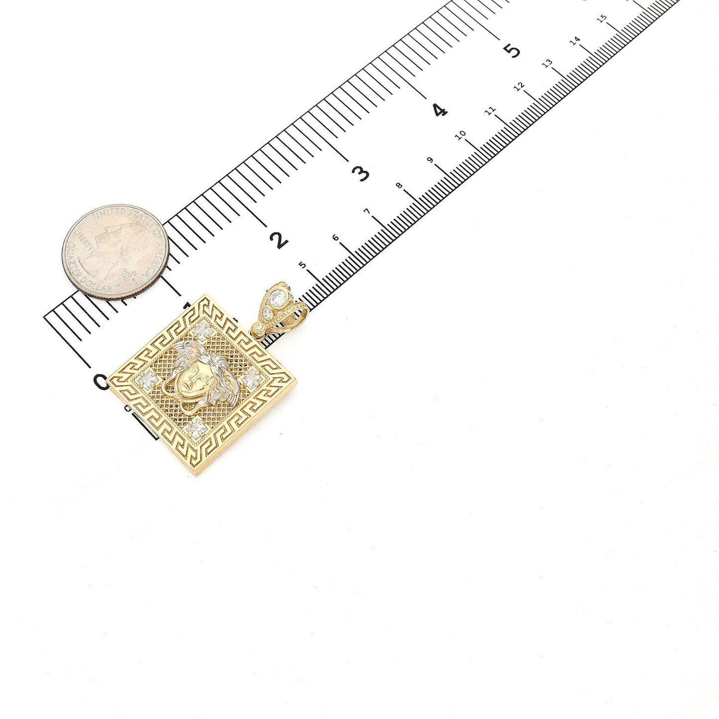 10K Yellow Gold CZ Medusa Head Greek Key Square Medallion Pendant