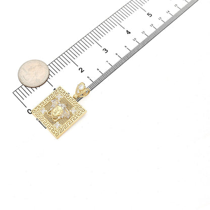 10K Yellow Gold CZ Medusa Head Greek Key Square Medallion Pendant