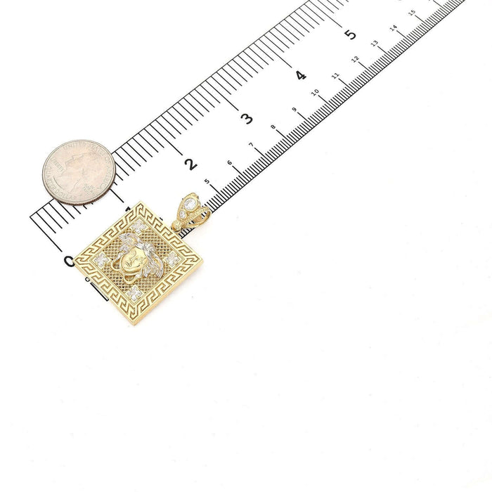10K Yellow Gold CZ Medusa Head Greek Key Square Medallion Pendant