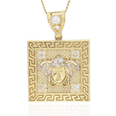 10K Yellow Gold CZ Medusa Head Greek Key Square Medallion Pendant