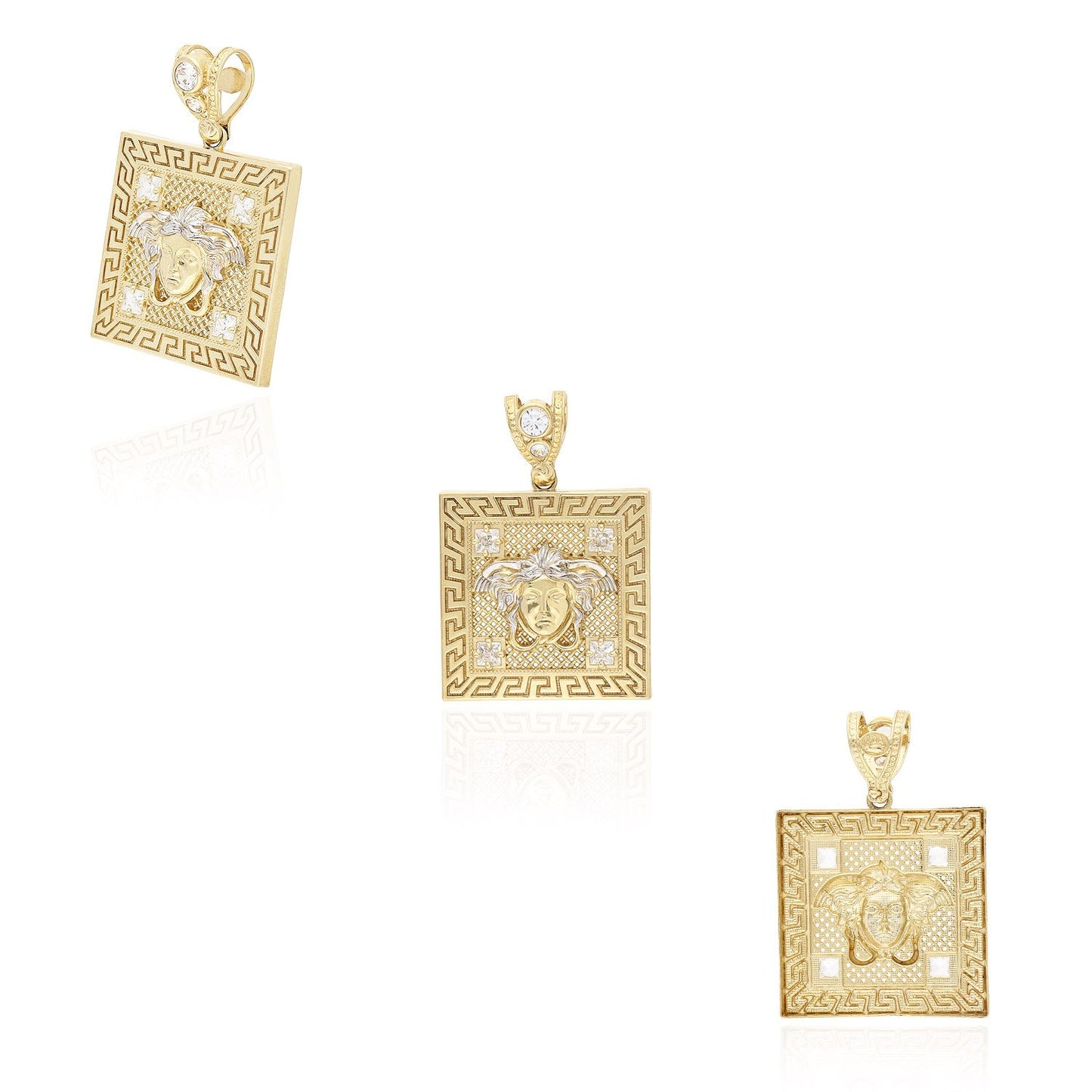10K Yellow Gold CZ Medusa Head Greek Key Square Medallion Pendant