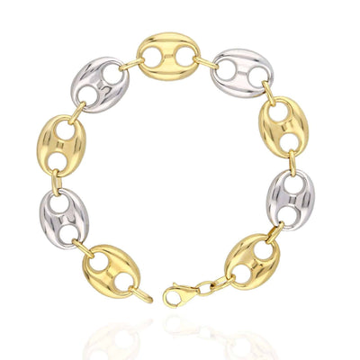 10K Yellow White Gold Two-Tone 15mm Puffed Anchor Mariner Bracelet (Hollow) 9"
