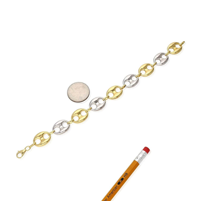 10K Yellow White Gold Two-Tone 15mm Puffed Anchor Mariner Bracelet (Hollow) 9"