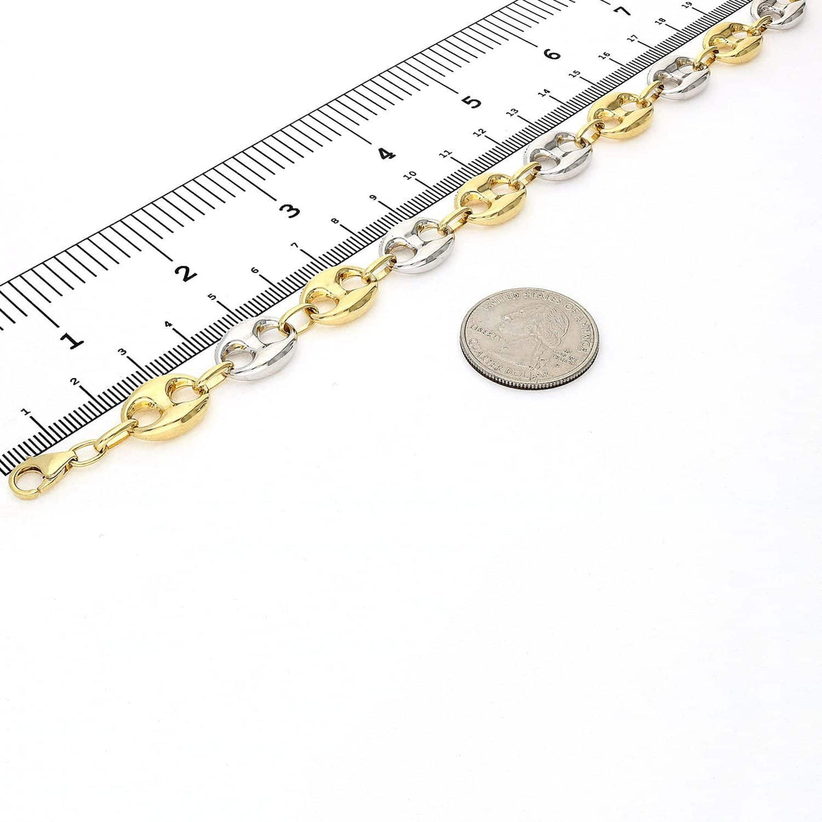 10K Yellow White Gold Two-Tone 12mm Puffed Anchor Mariner Bracelet (Hollow) 8.5"