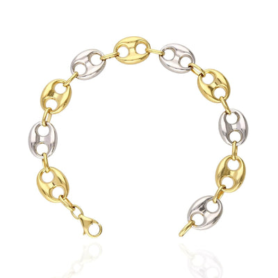 10K Yellow White Gold Two-Tone 12mm Puffed Anchor Mariner Bracelet (Hollow) 8.5"