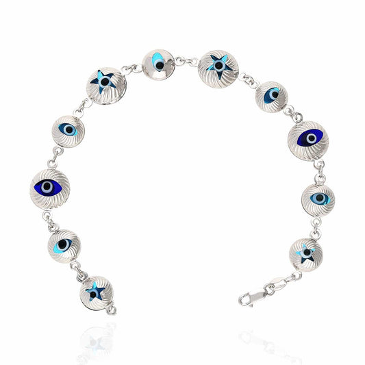 10K Gold White Diamond Cut  Evil Eye Bracelet 7.5"