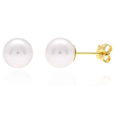 4mm-12mm White Round Crystal Pearl Push Back Stud Earrings 14K Yellow Gold