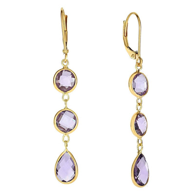 14K Gold Faceted Amethyst Drop Leverback Earrings 47mm