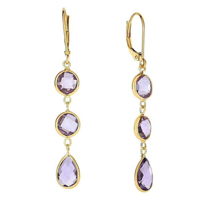 14K Gold Faceted Amethyst Drop Leverback Earrings 47mm