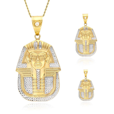 10K Yellow Gold Two Tone Diamond-Cut Pharaoh King Tut Pendant