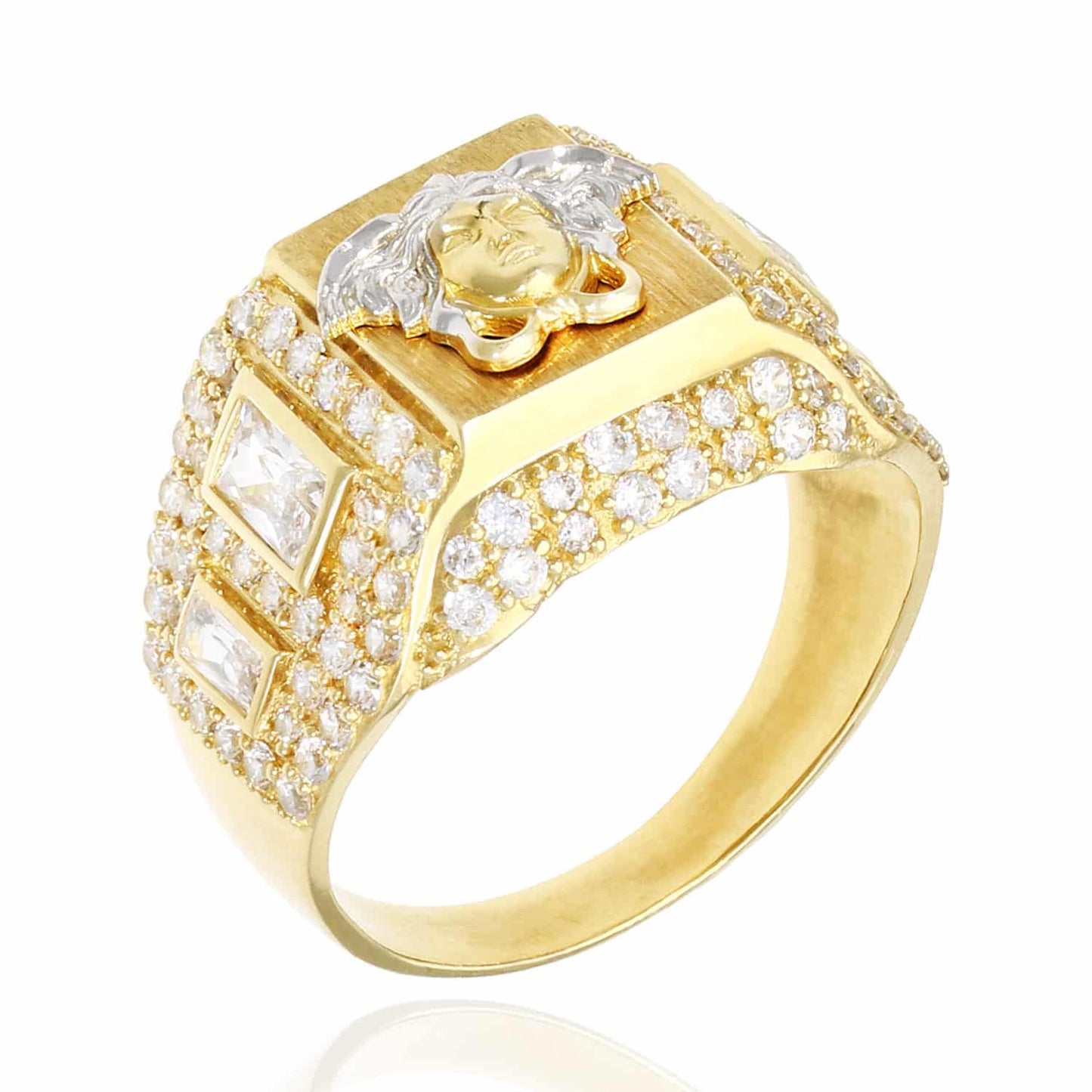14K Two-Tone Solid Gold CZ Medusa Head Signet Ring