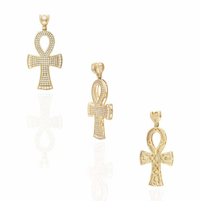 10K Yellow Gold Created Diamond Egyptian Ankh Cross Pendant 2"