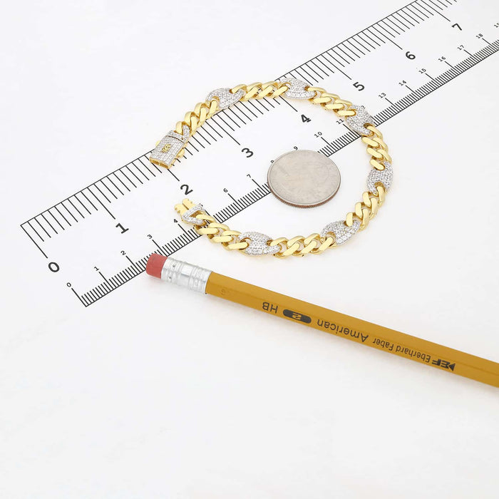 14K Yellow Gold Miami CZ 8mm Pave Mariner Station Bracelet (Solid Links) 8"