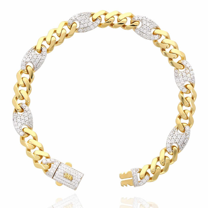 14K Yellow Gold Miami CZ 8mm Pave Mariner Station Bracelet (Solid Links) 8"