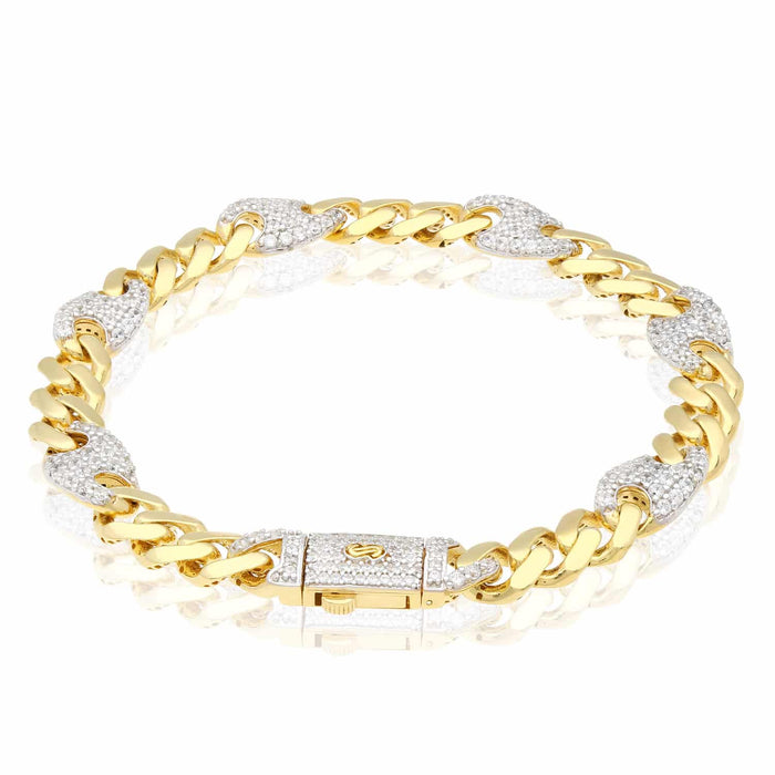 14K Yellow Gold Miami CZ 8mm Pave Mariner Station Bracelet (Solid Links) 8"