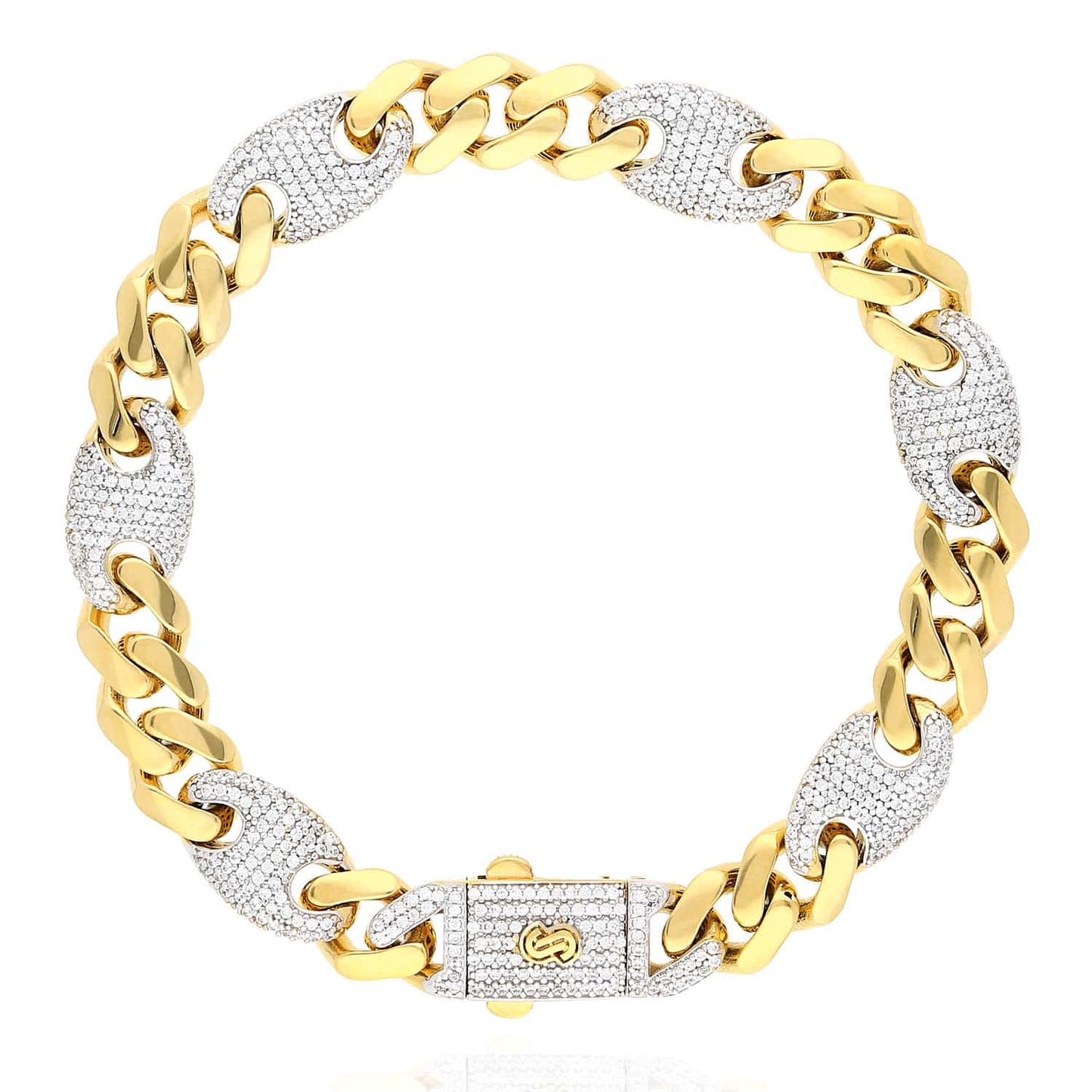 14K Gold CZ 10mm Miami Cuban Puffed Mariner Anchor Bracelet 8.5"