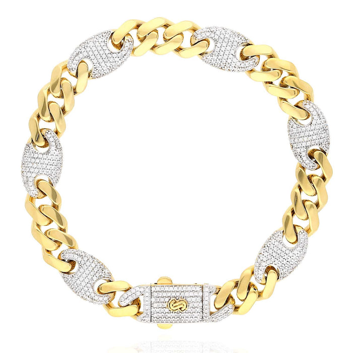 14K Yellow Gold CZ 10mm Miami Cuban Puffed Mariner Anchor Bracelet (Hollow) 8.5"
