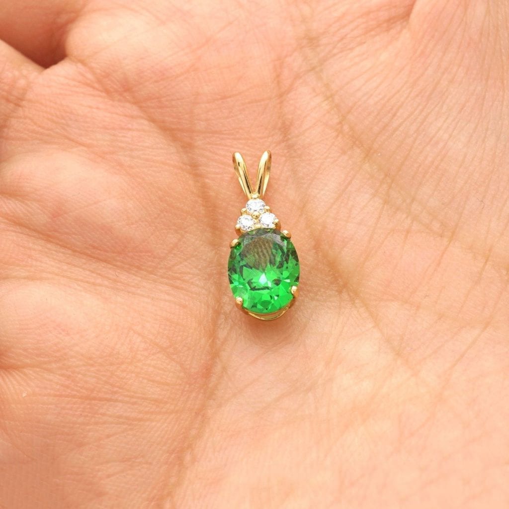 2.20Ct CZ & Oval Emerald Solitaire 14k Yellow Gold Charm Pendant