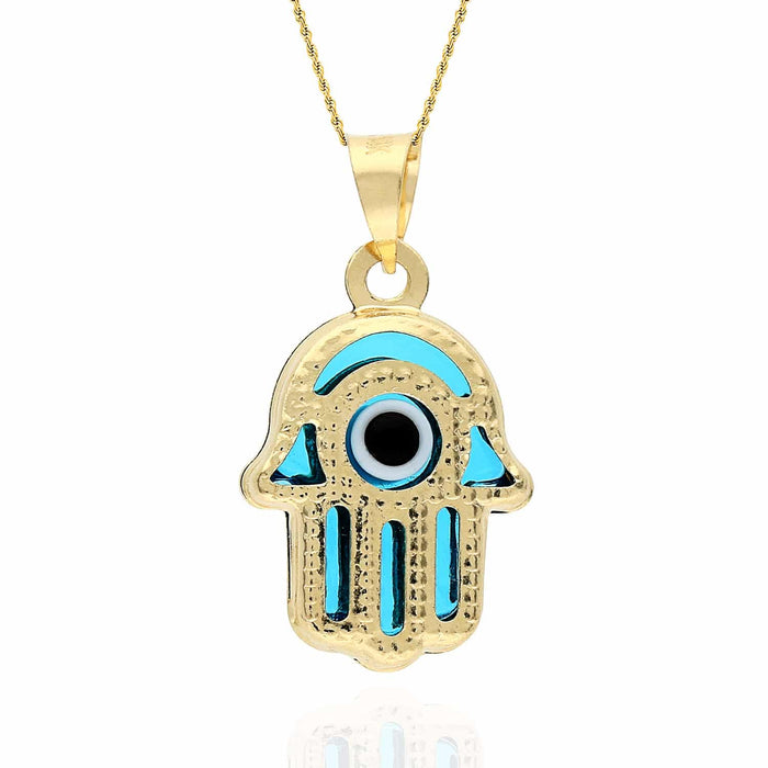 14K Yellow Gold Blue Red Evil Eye Hamsa Pendant