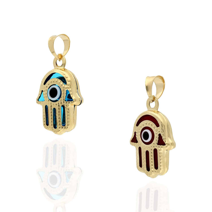 14K Yellow Gold Blue Red Evil Eye Hamsa Pendant