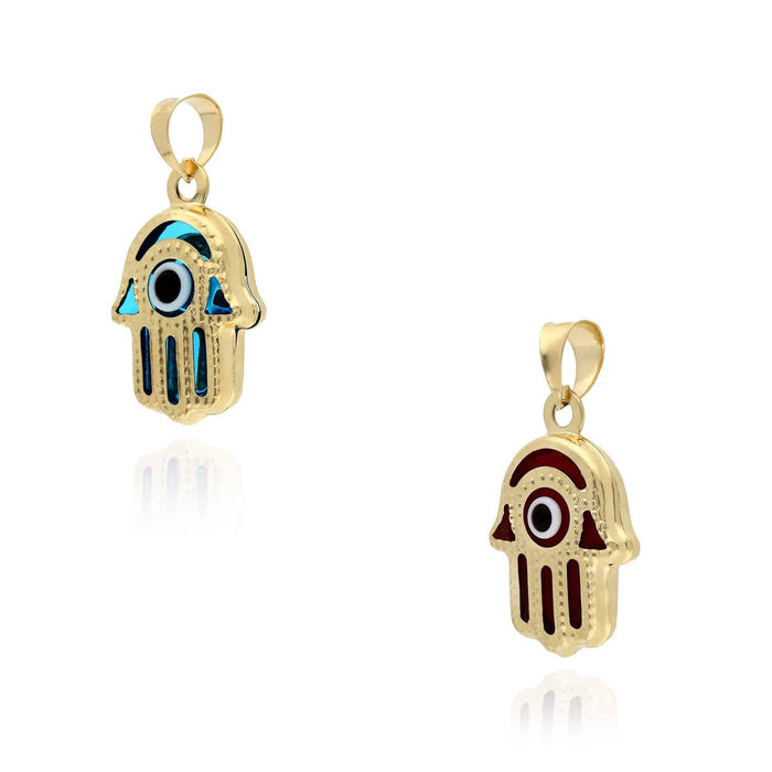 14K Gold Blue Red Evil Eye Small Hamsa Small Pendant 0.7"