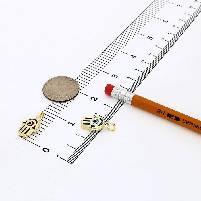 14K Yellow Gold Blue Red Evil Eye Hamsa Pendant