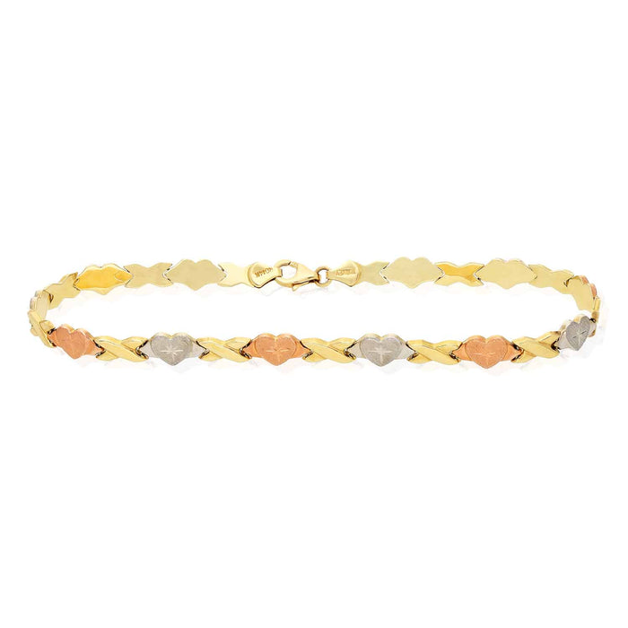 14K Tri-Color Gold Diamond-Cut Stampato Heart and Kisses Anklet (Hollow) 10.5"