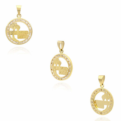 10K Yellow Gold CZ Puerto Rico Palm Tree Medallion Disk Pendant