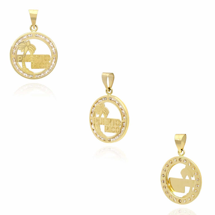10K Yellow Gold CZ Puerto Rico Palm Tree Medallion Disk Pendant
