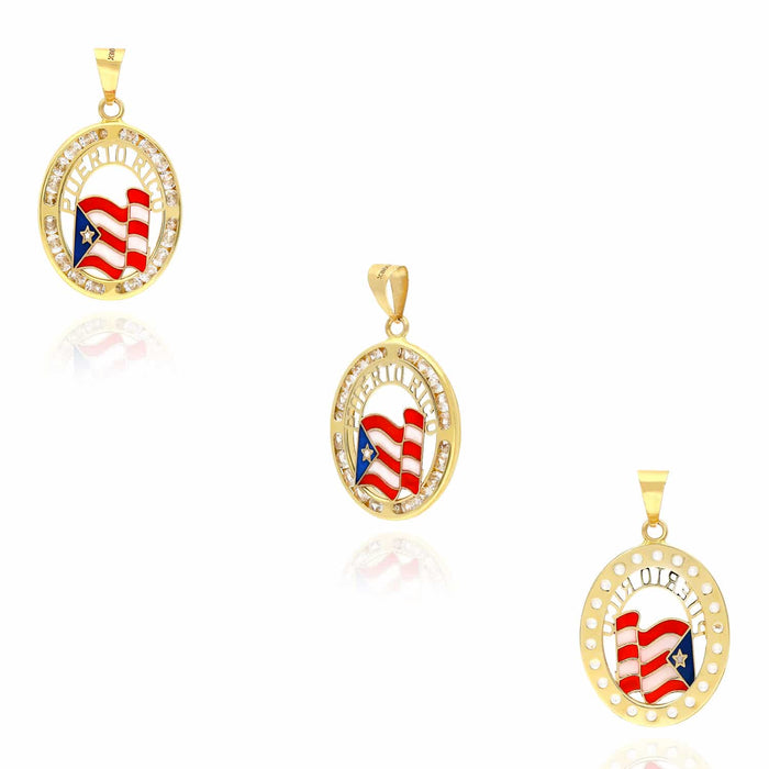10K Yellow Gold CZ Enameled Puerto Rico Flag Oval Pendant 1.18"