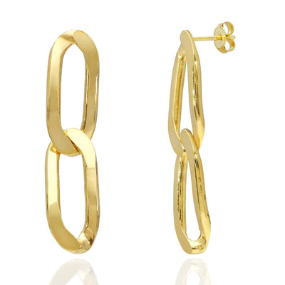 Yellow Gold Over 925 Silver Flat Elongated Paperclip Drop Earrings 41mm