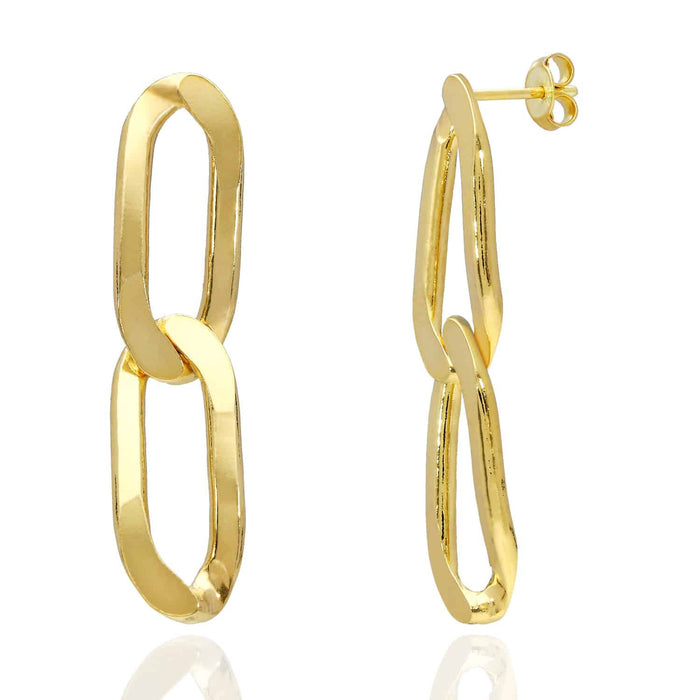 Yellow Gold Over 925 Silver Flat Elongated Paperclip Drop Earrings 41mm