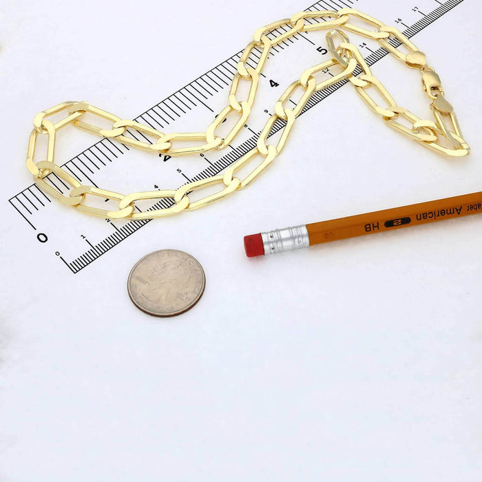 14K Yellow Gold Over Sterling Silver 10mm Flat Elongated Paperclip Chain (Solid Links) 16"-24"