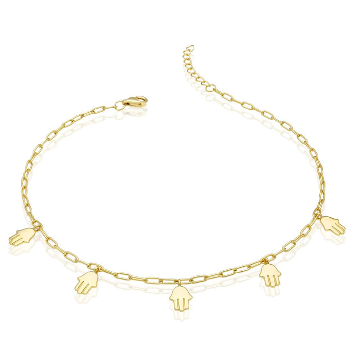 Yellow Gold Over Sterling Silver Hamsa Hand Charms Anklet (Solid Links) 9"-10" Adjustable
