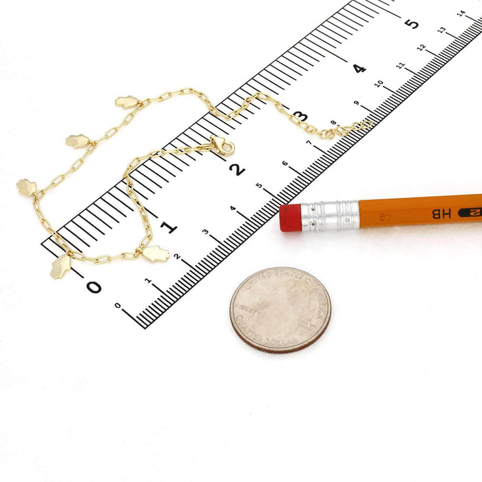 Yellow Gold Over Sterling Silver Hamsa Hand Charms Anklet (Solid Links) 9"-10" Adjustable