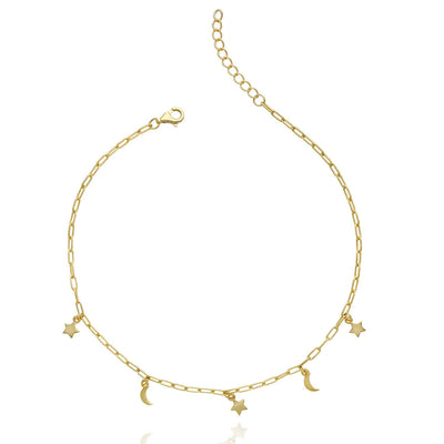 Yellow Gold Over Sterling Silver Moon Star Charms Anklet (Solid Links) 9"-10" Adjustable