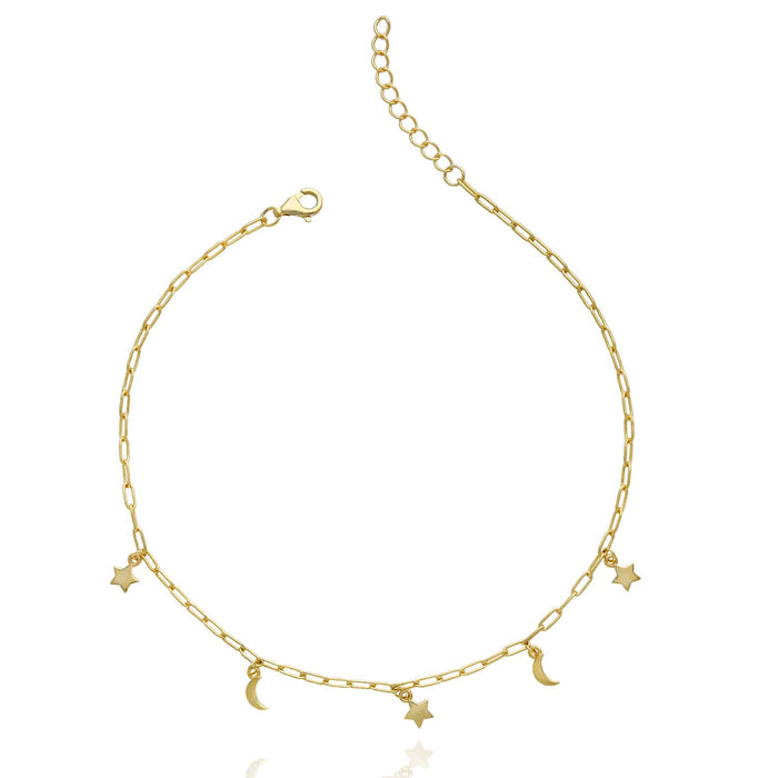 Yellow Gold Over Sterling Silver Moon Star Charms Anklet (Solid Links) 9"-10" Adjustable