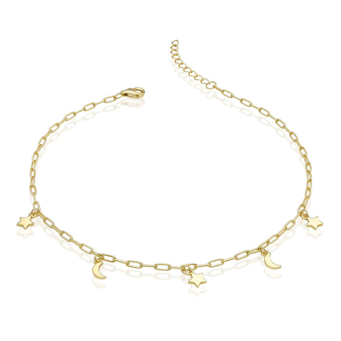 Yellow Gold Over Sterling Silver Moon Star Charms Anklet (Solid Links) 9"-10" Adjustable
