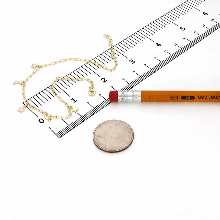 Yellow Gold Over Sterling Silver Moon Star Charms Anklet (Solid Links) 9"-10" Adjustable
