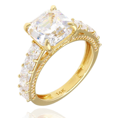 6.5CTW CZ Asscher Round-Cut 14K Yellow Gold Engagement Ring