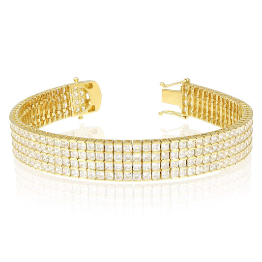 14K Yellow Gold Four Row Princes Cut CZ Tennis Bracelet 7"